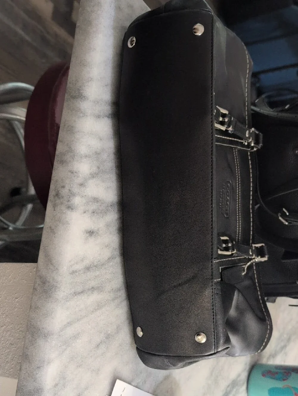 Coach Black Leather Duffel Bag with Contrast Stitching